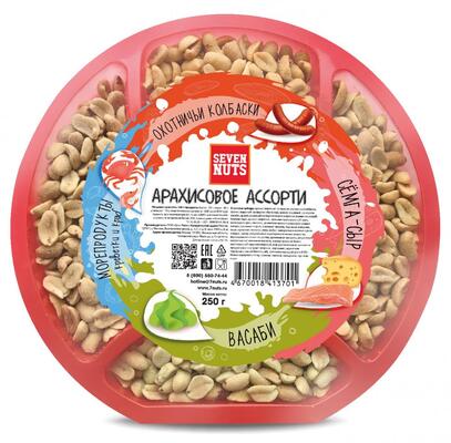 Арахисовое ассорти Seven Nuts 4 вкуса: морепродукты, охотничьи колбаски, семга-сыр, васаби 250г